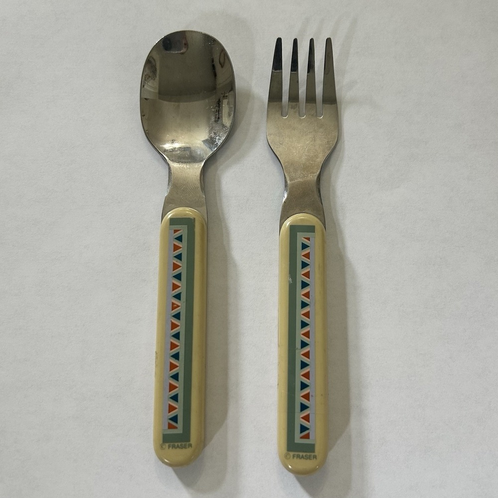 Fraser Kids 2pc Stainless Steel Spoon & Fork Set Beige Geometric Plastic Handles